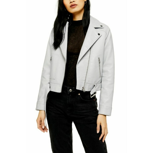 Topshop Jackets & Blazers - Topshop Kota Crop Faux Leather Moto Gray Jacket